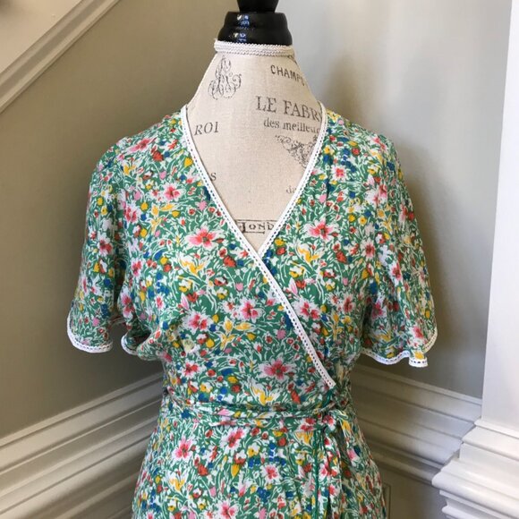 Poupette St Barth Joe Wrap Dress Womens Small Green White Pink VNeck Floral Midi - Picture 9 of 13